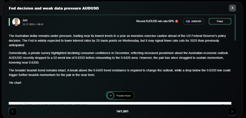 Sample of update showcasing win rate, trade now button, and content. Chart is included but not visible in screenshot.